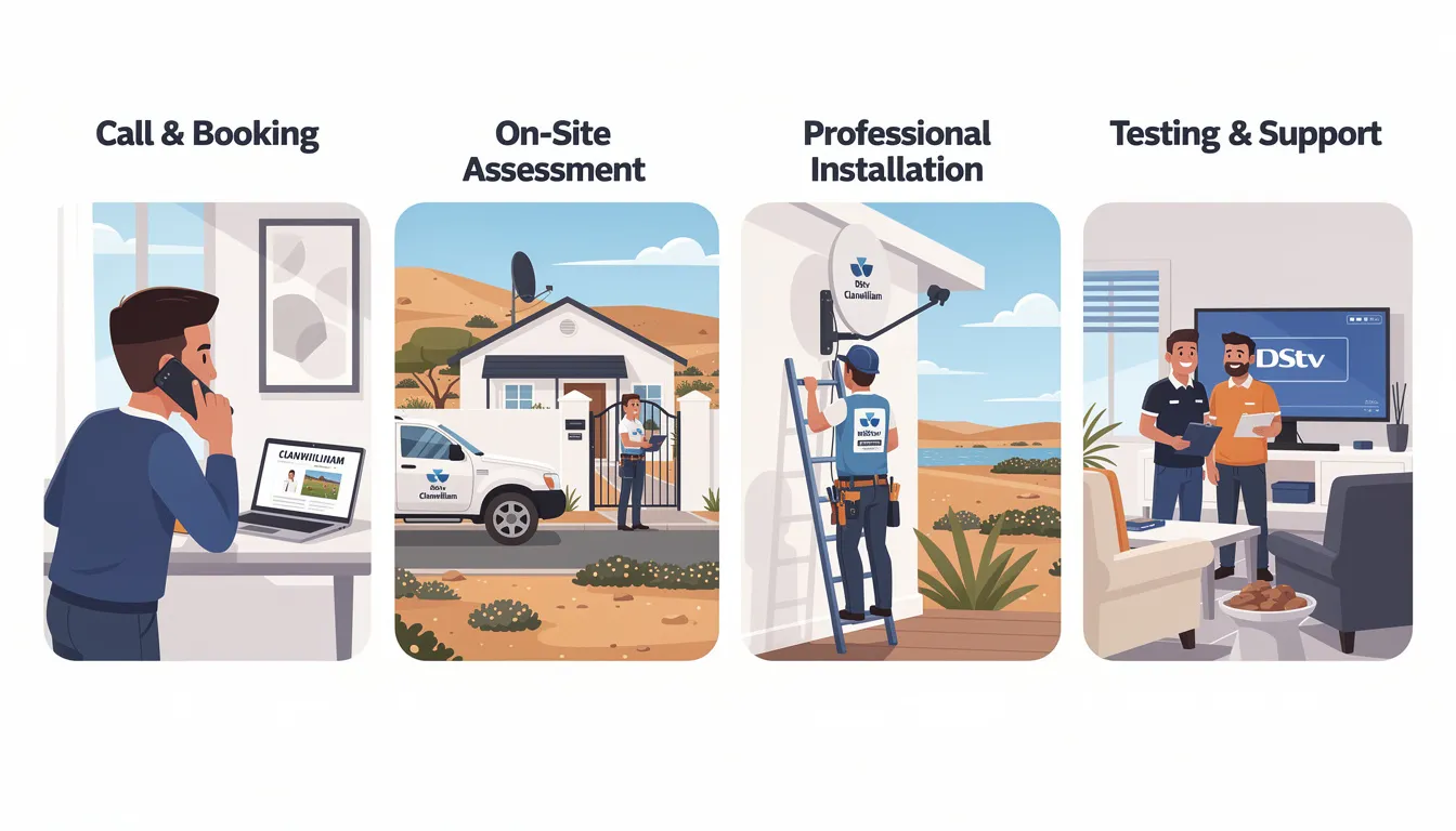 The image showcases the professional DStv installation process in Clanwilliam, featuring skilled technicians expertly setting up a satellite dish and aligning it for a strong signal. The scene illustrates high-quality workmanship as the installers ensure reliable DStv services, including signal repairs and upgrades, in a local setting.