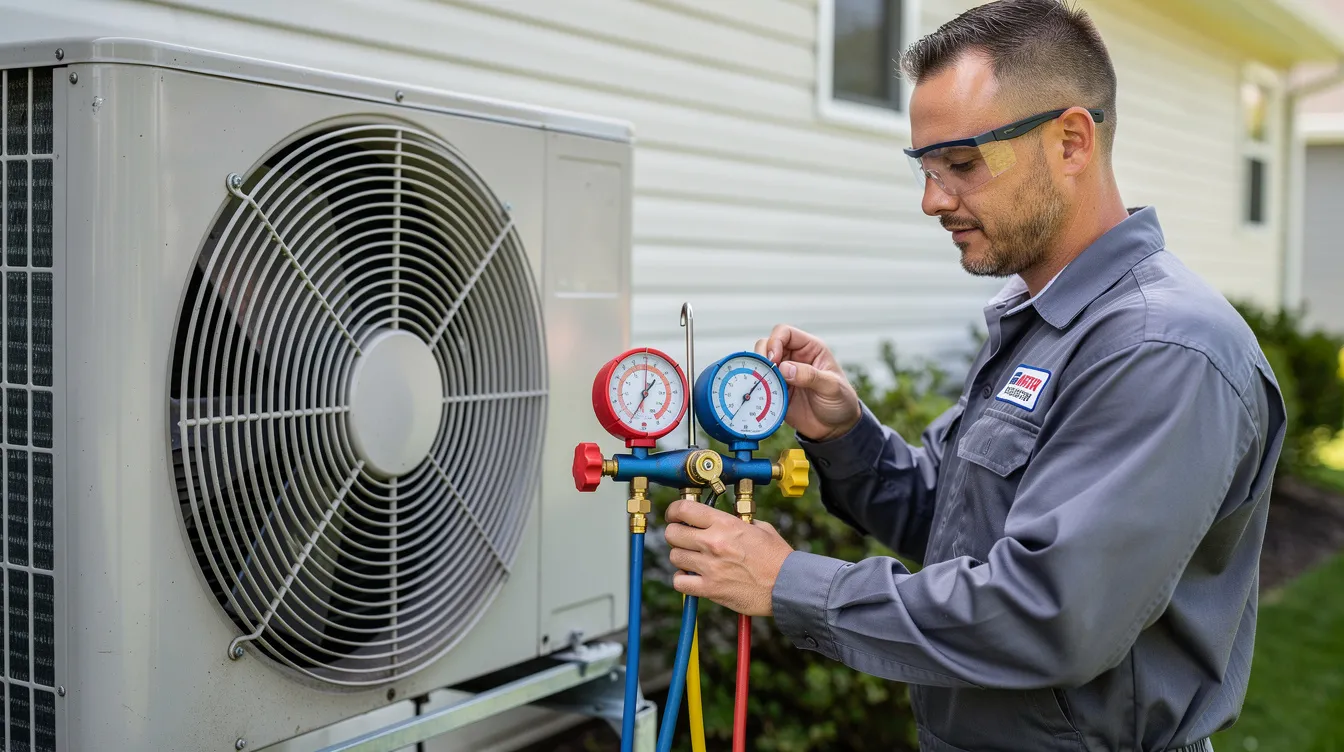 A skilled technician is checking the refrigerant pressure of a car air conditioning system using professional manifold gauges, ensuring the unit operates efficiently. This maintenance task is essential for providing effective cooling solutions in vehicles and is part of the aircon regas service offered in Cape Town.