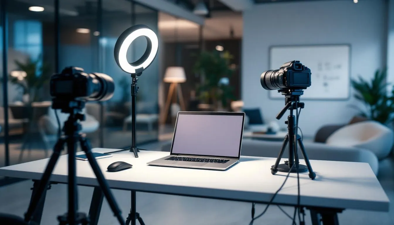 In a modern office environment, a professional webinar setup is displayed, featuring multiple cameras and advanced lighting equipment, designed for high-quality webinars. This setup is ideal for hosting virtual events, ensuring optimal audio and video quality for engaging webinar attendees.
