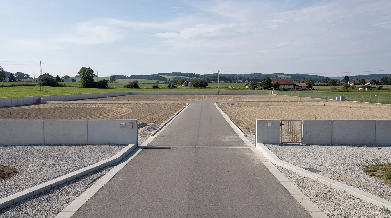 The image depicts an industrial plot featuring a wide approach road and sturdy boundary walls, with open land poised for construction. In the background, a rural landscape enhances the setting, suggesting potential for a milk powder manufacturing plant or dairy processing facility amidst the serene environment.