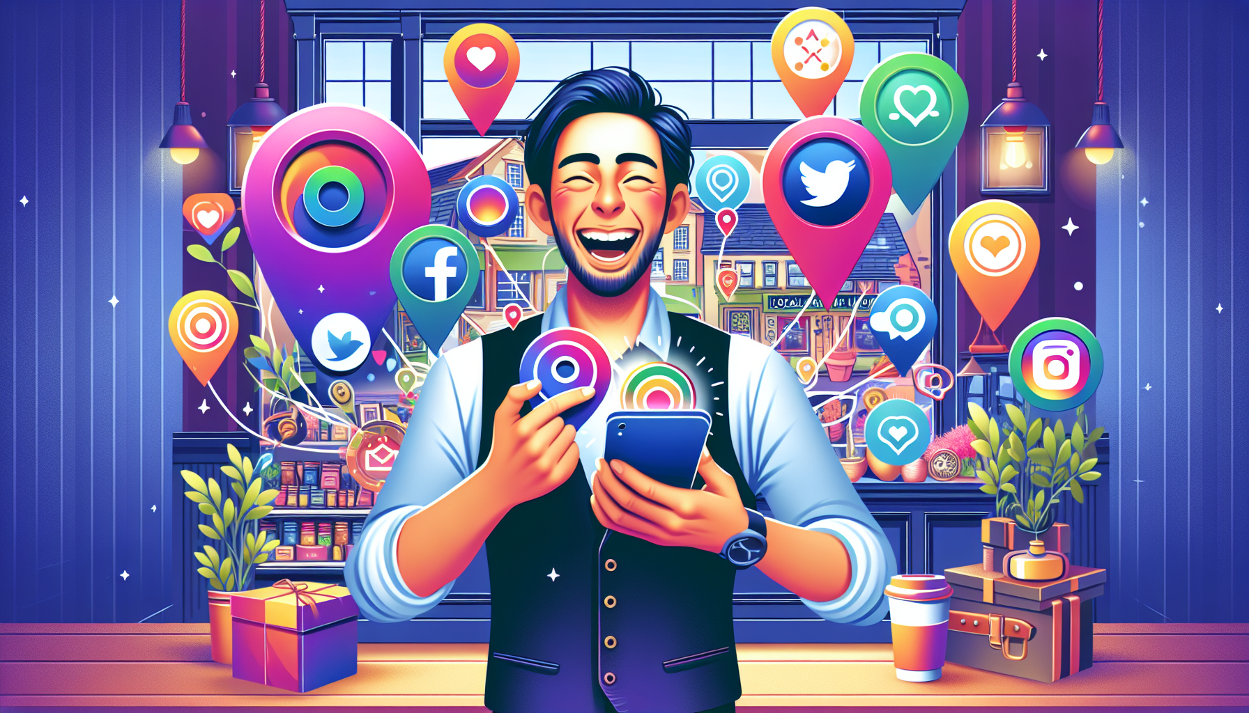A cartoon showing the interaction between social media and local businesses to improve SEO and attract customers.