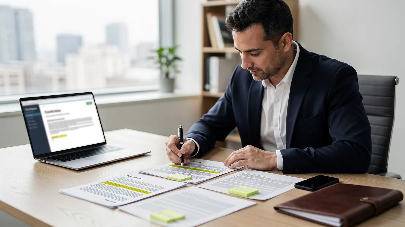 A business owner is seated at a desk, intently reviewing contract documents, highlighting important terms and noting potential issues related to contract disputes. This scene reflects the critical role of a Tennessee contract lawyer in navigating complex agreements and ensuring enforceable agreements in commercial litigation.
