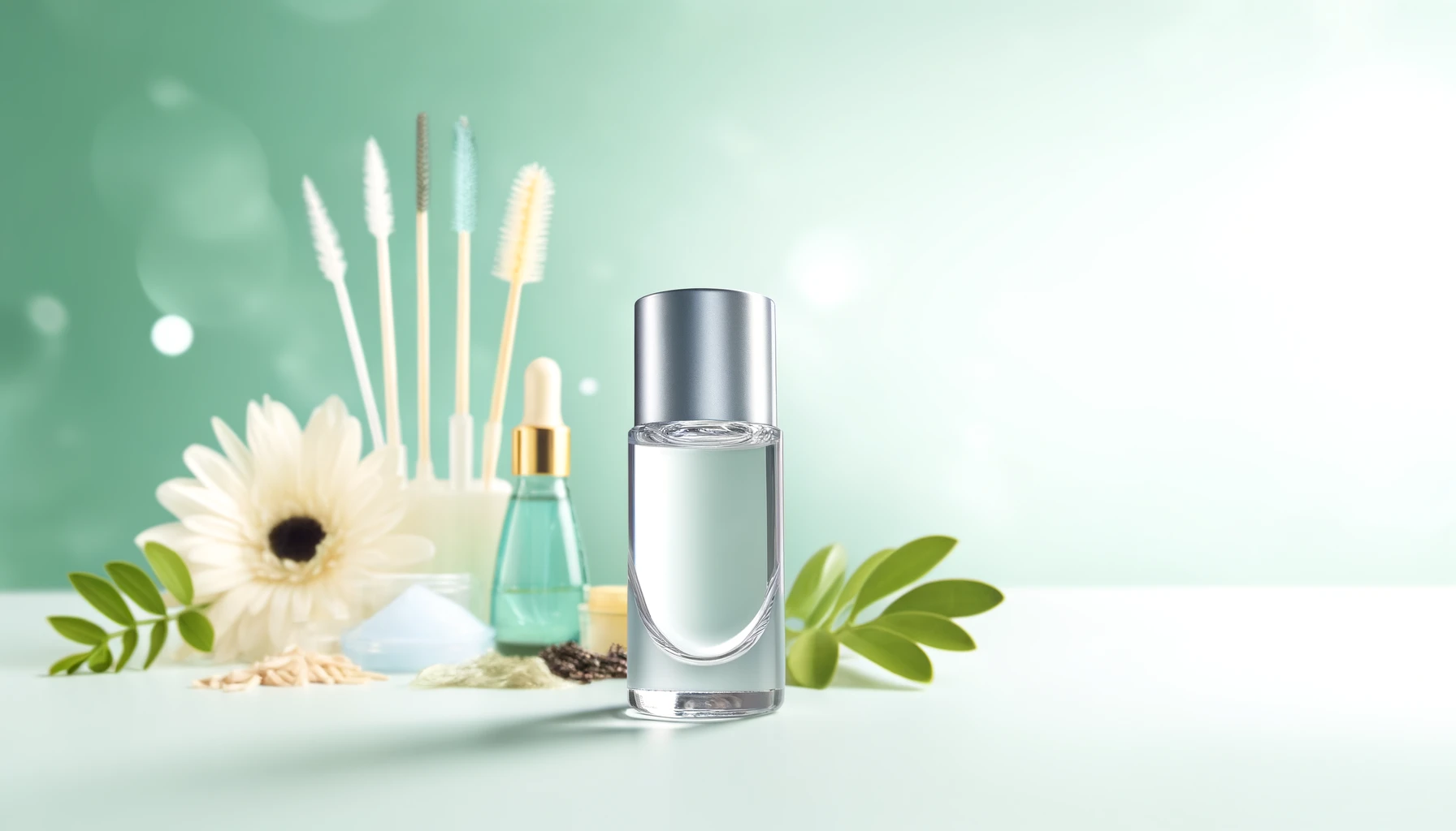 small, elegant eyelash serum bottle in the foreground, designed with a sleek, modern look featuring a silver or transparent cap