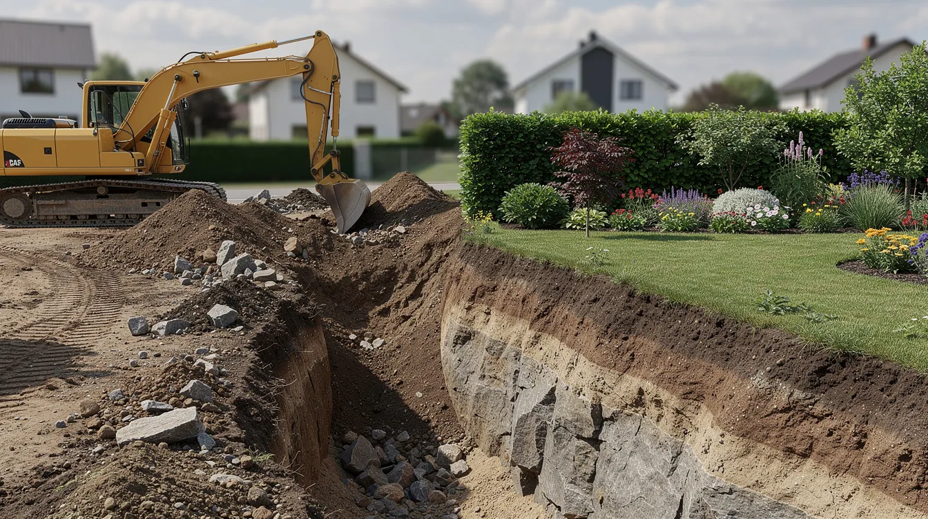 L'image montre un terrain en cours d'excavation, avec une pelleteuse à proximité d'un jardin résidentiel. On peut voir les différentes couches de terre et de roche, illustrant les étapes de préparation pour l'installation d'une cuve enterrée destinée à la récupération d'eau de pluie.