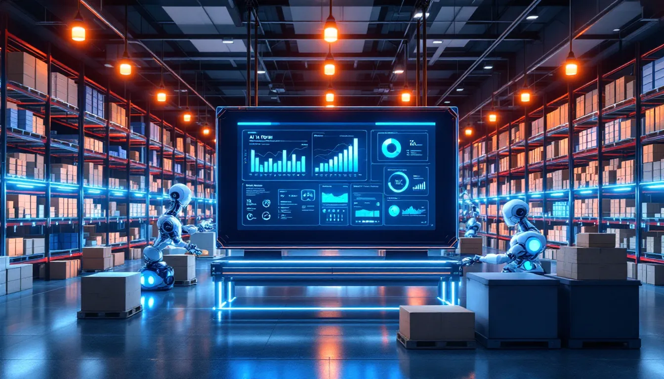 The image depicts a modern restaurant setting where AI-driven inventory management systems are being utilized to enhance operational efficiency. It showcases real-time inventory tracking and predictive analytics tools that help restaurant owners minimize food waste and optimize food costs, ensuring just the right amount of ingredients for menu items.