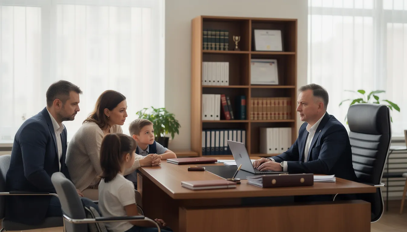 Na obrazku widać rodzinę siedzącą w gabinecie prawniczym podczas konsultacji dotyczącej władzy rodzicielskiej. Rodzice rozmawiają z prawnikiem na temat istotnych spraw dotyczących dobra dziecka oraz możliwości ograniczenia władzy rodzicielskiej w przypadku zagrożenia jego bezpieczeństwa.