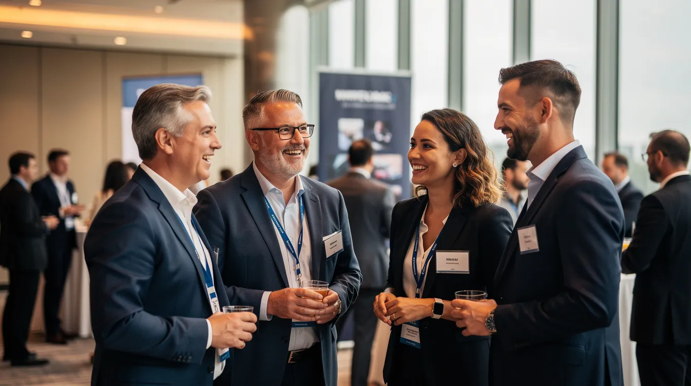 A small group of people is engaged in conversation at a professional event, discussing ideas and sharing insights. They represent a mix of potential mentors and young professionals, fostering mutual respect and support as they explore mentorship relationships and career opportunities.