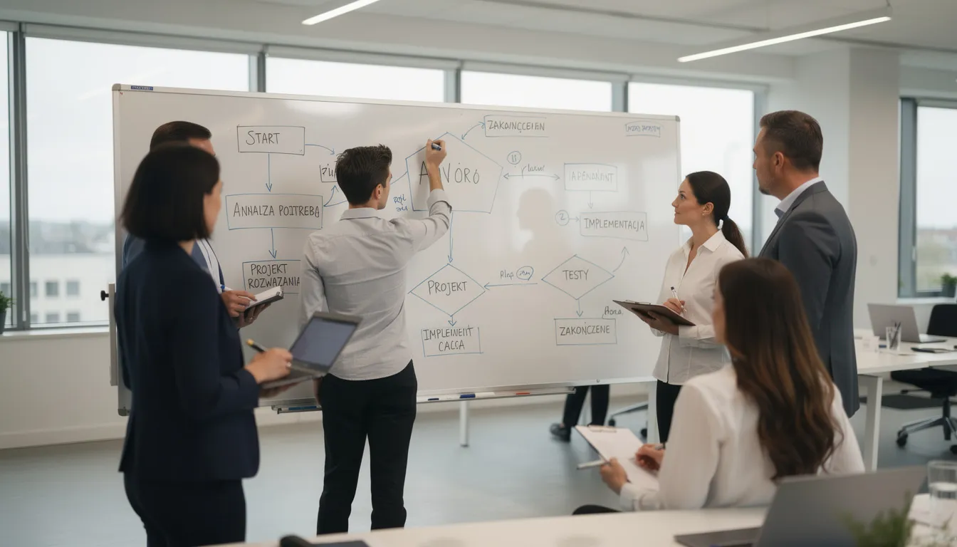 Na zdjęciu widoczny jest zespół pracujący przy białej tablicy, gdzie omawiają diagramy procesów związanych z zarządzaniem relacjami z klientami. Uczestnicy spotkania analizują, jak oprogramowanie CRM może wspierać automatyzację procesów sprzedażowych i efektywne zarządzanie w małych i średnich firmach.