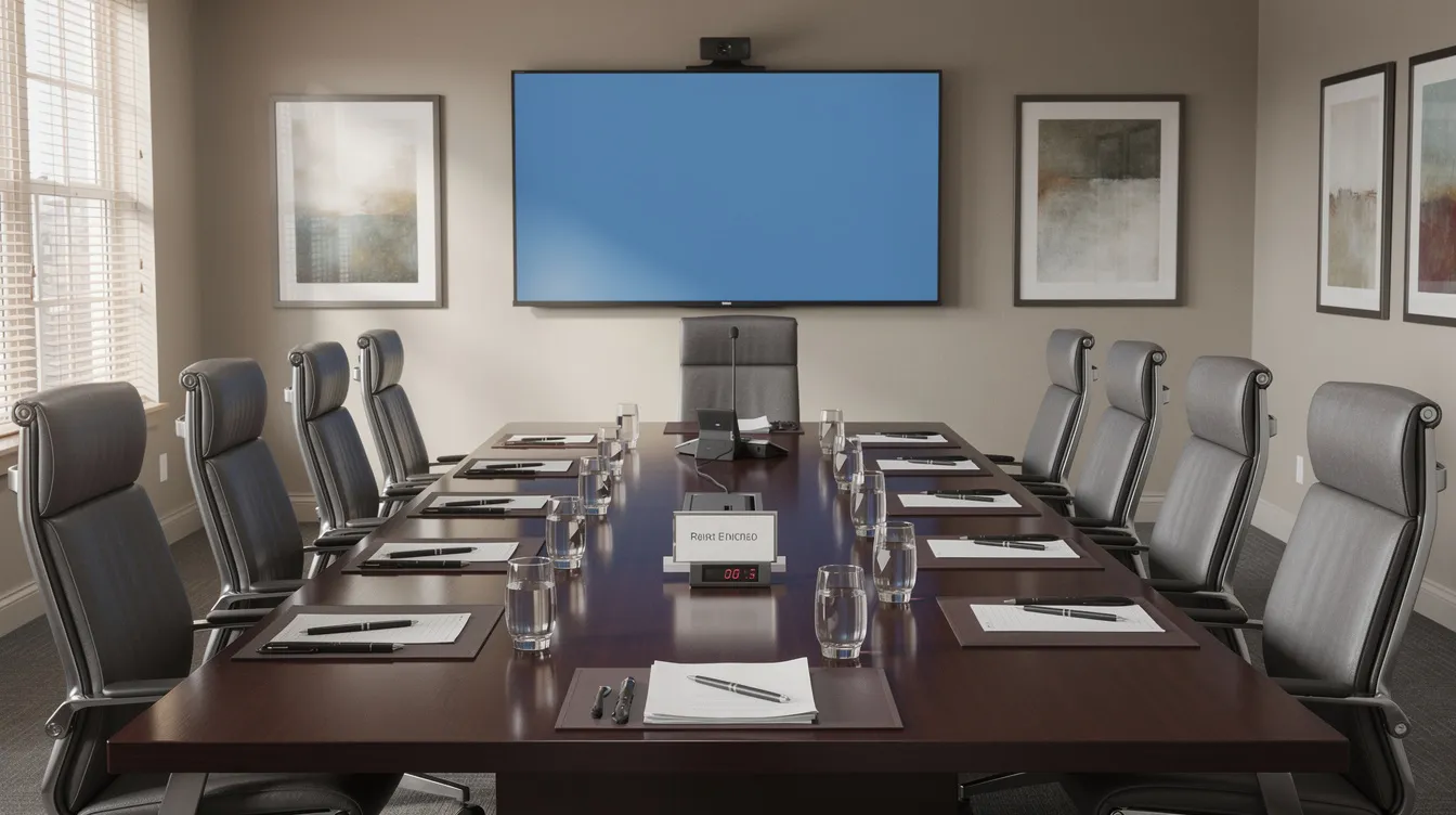 The image depicts a professional conference room arranged for a legal mediation session, featuring a long table surrounded by chairs, where civil litigation lawyers and their clients may engage in settlement negotiations. The room is designed to facilitate discussions on complex litigation and business disputes, ensuring a conducive environment for alternative dispute resolution.