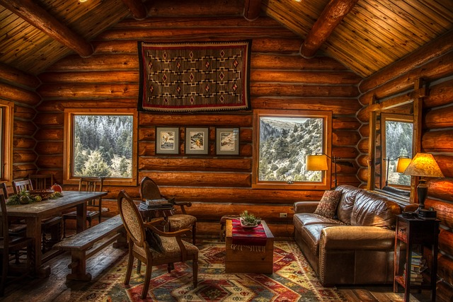 log cabin, inside, indoors