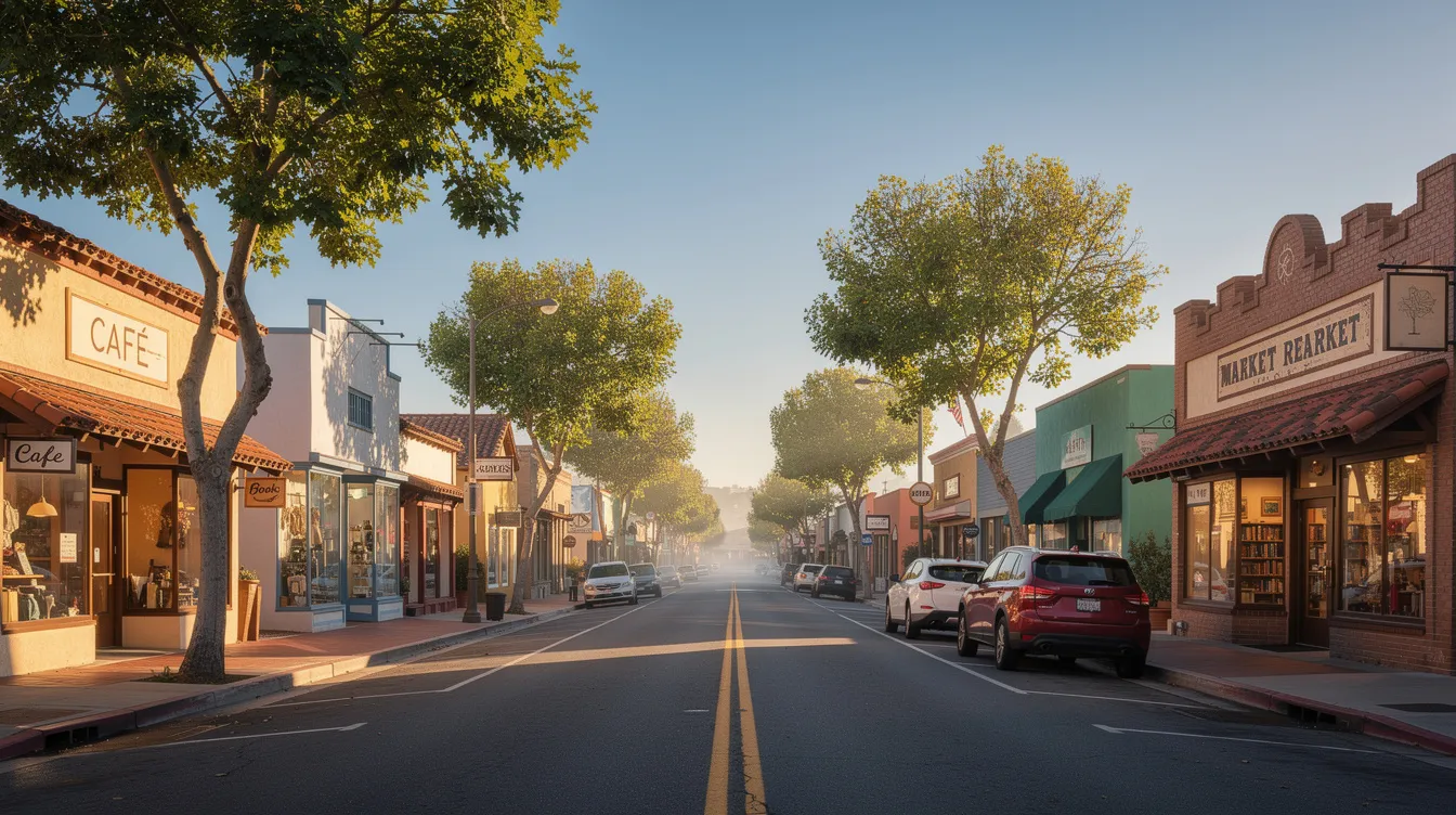 A California downtown business district in the morning, illustrating the local commercial corridors affected by behavioral health and public safety policy.