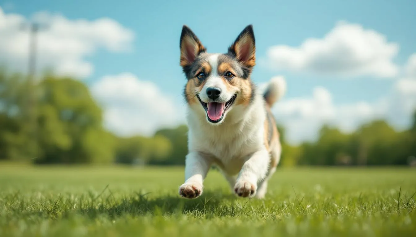 A joyful, healthy-weight dog is playing outdoors, showcasing an energetic expression as it runs and jumps, embodying the benefits of a balanced diet and effective weight management. This scene highlights the importance of promoting weight loss and maintaining a healthy body condition for dogs.
