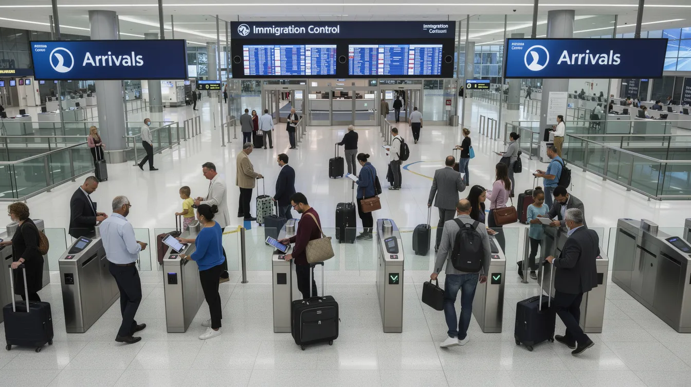 The image depicts a bustling international airport arrivals hall, where numerous passengers are navigating through immigration control gates, overseen by officials from the garda national immigration bureau. The scene captures the dynamic atmosphere of individuals arriving from various countries, all part of the airport's operation in implementing immigration policy.