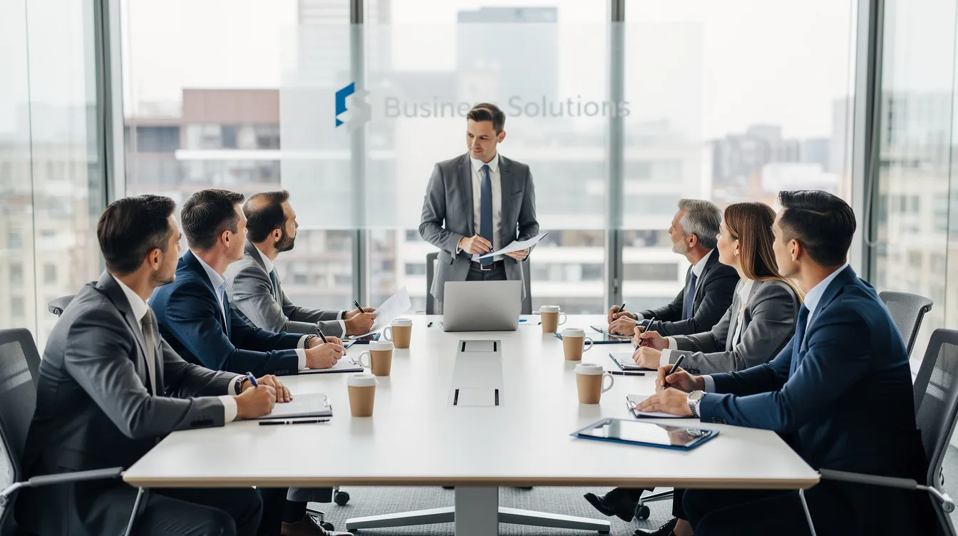 Eine Gruppe von Geschäftsleuten sitzt an einem Konferenztisch und führt eine Besprechung durch, während sie Informationen austauschen und Ideen diskutieren. Die Personen sind in formeller Kleidung und scheinen aktiv an der Diskussion beteiligt zu sein.