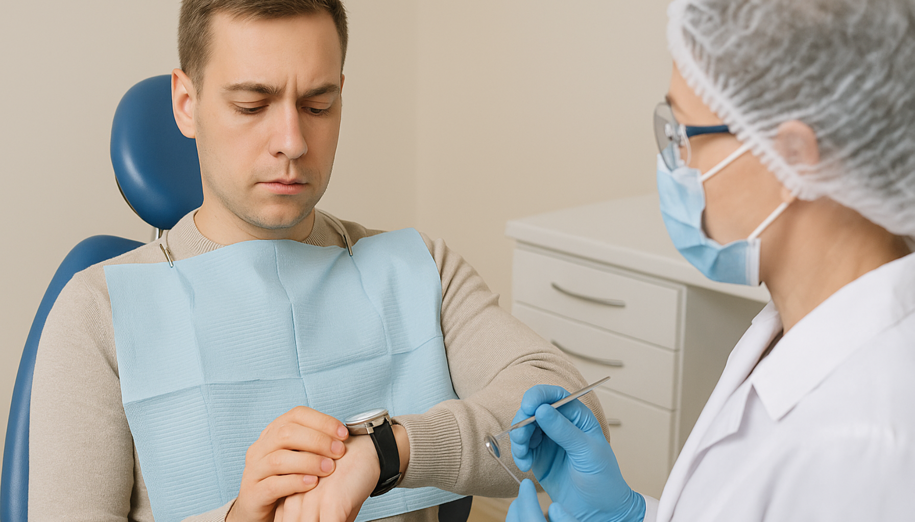 Mann i tannlegestol ser på klokken mens tannlege forbereder behandling i et lyst og moderne undersøkelsesrom.