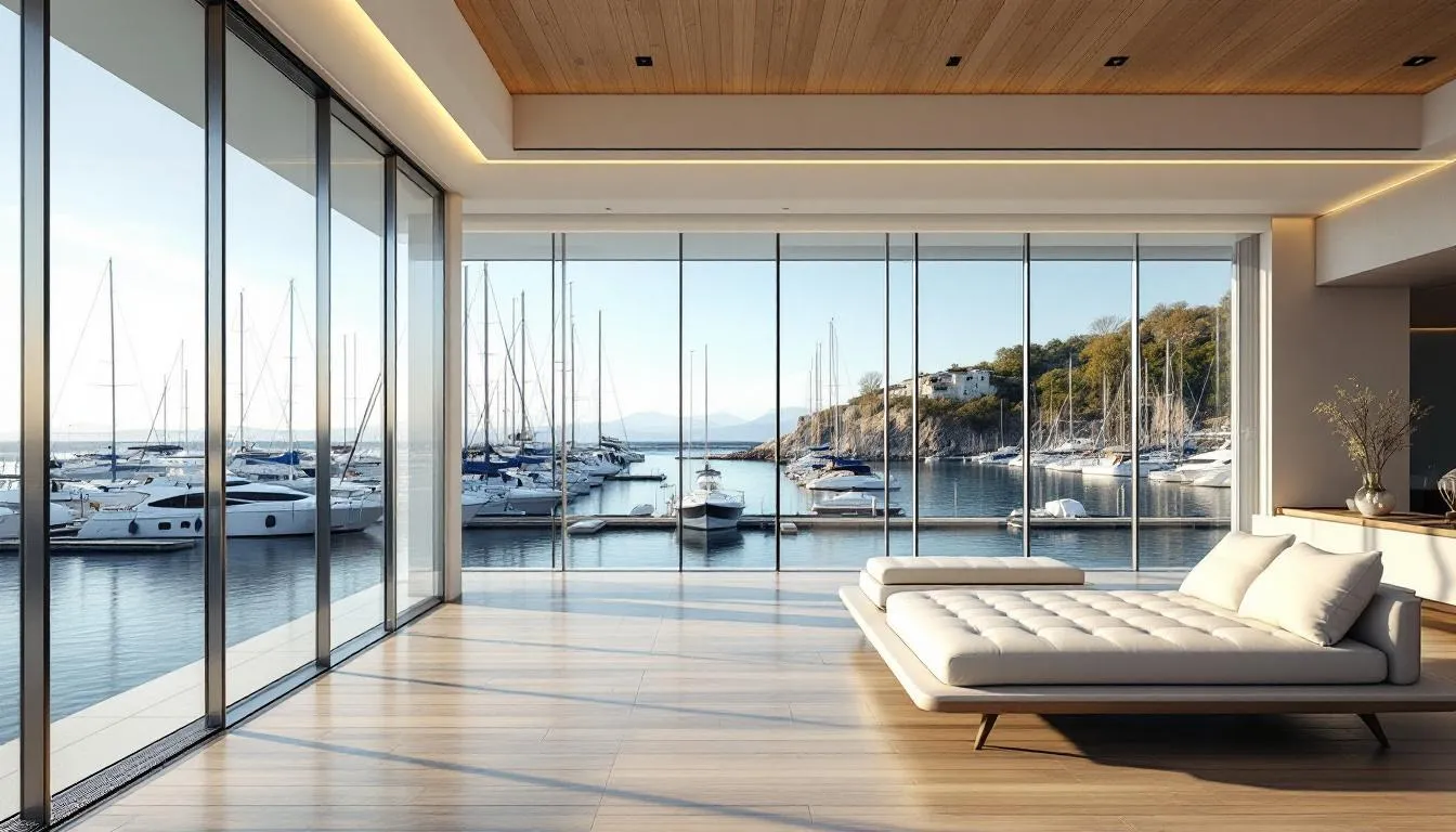 The image depicts a modern luxury condominium interior featuring floor-to-ceiling windows that provide breathtaking views of the marina and waterfront in Cape Coral, Florida. The stylish living space includes elegant furnishings and granite countertops, emphasizing the upscale lifestyle of this yachting community.