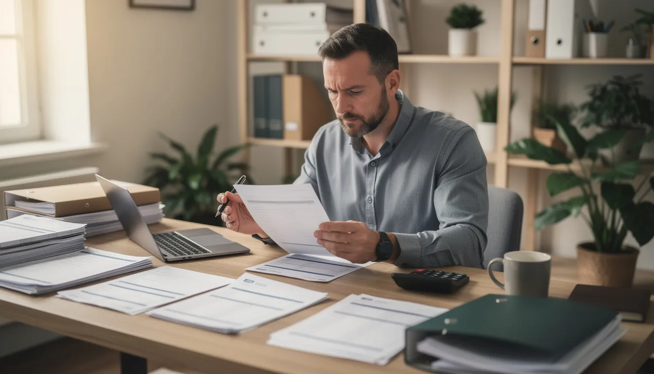 A business owner is seated at a desk, reviewing a merchant statement with various paperwork spread out, reflecting on payment processing details and transaction fees. The scene highlights the importance of managing payment methods, such as credit card payments and digital payments, for their business operations.