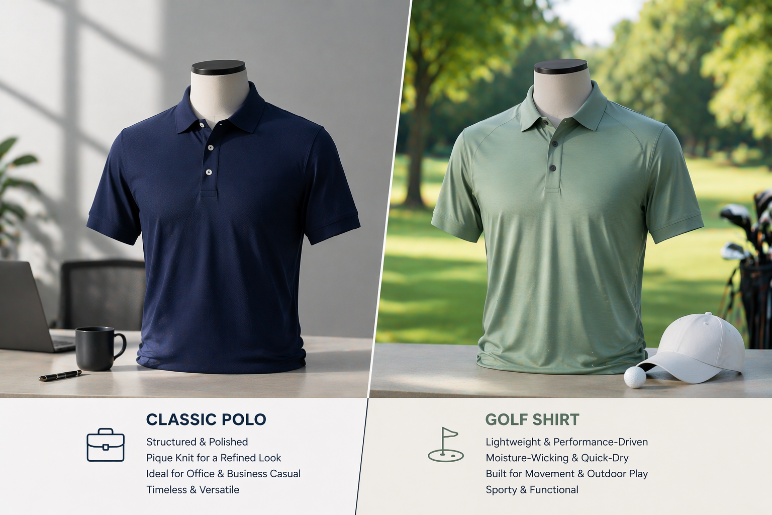 The image contrasts a professional woman at an office reception desk wearing a structured navy polo shirt, suitable for business casual settings, with a golfer on a sunny course dressed in a lightweight performance polo designed for active lifestyles. Both outfits showcase different styles of polo shirts, highlighting their versatility for various occasions.