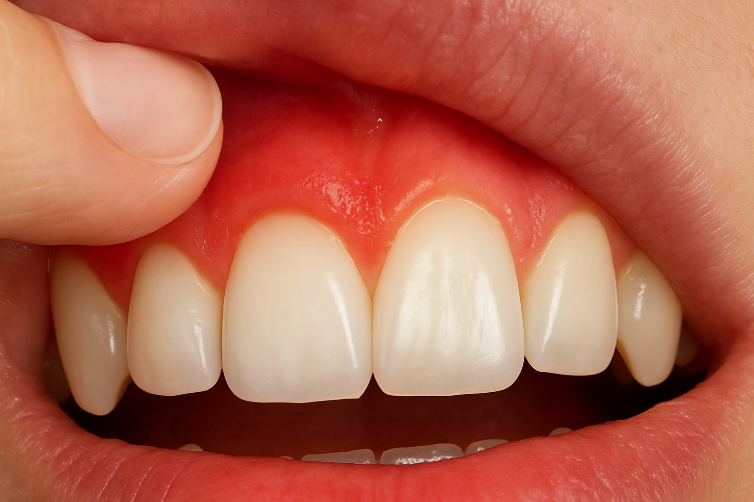 Rødt og hovent tannkjøtt over fortenner, trykket forsiktig med en finger, som indikerer mulig smerte eller betennelse i området.
