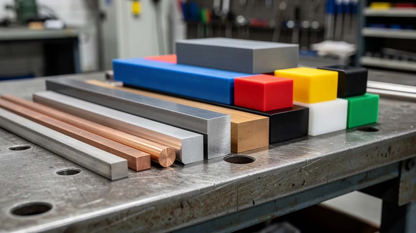 The image shows an industrial workbench with various metal bars and plastic blocks, illustrating different raw materials used in the CNC machining process. This setup highlights the diversity of materials, including aluminum alloys and PVC, essential for creating custom CNC machined parts with tight tolerances and good mechanical properties.