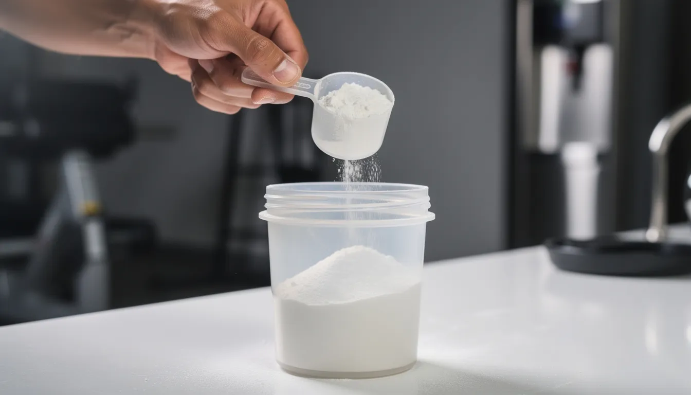 The image shows a scoop of supplement powder being poured into a shaker bottle, highlighting the convenience of incorporating peptide supplements, such as collagen peptides, into a daily routine for benefits like improved skin health and muscle growth. The powder's texture suggests a blend of bioactive peptides, essential for supporting collagen production and enhancing overall wellness.