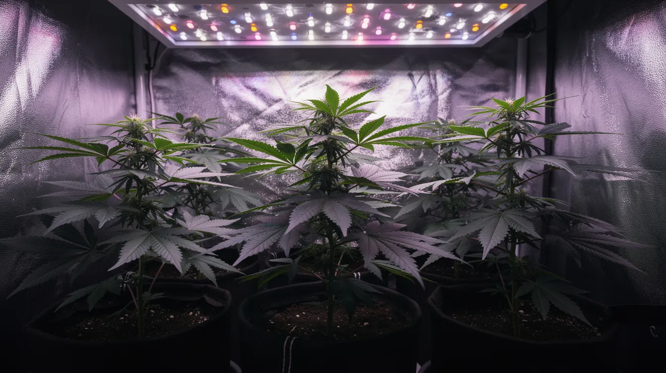 The image depicts an indoor grow tent filled with compact, bushy cannabis plants thriving under bright purple and white LED grow lights, showcasing the optimal growth conditions for the legendary Northern Lights strain. These plants are in the vegetative stage, highlighting their vibrant green leaves and healthy structure, which is essential for achieving resinous buds and maximizing yields.