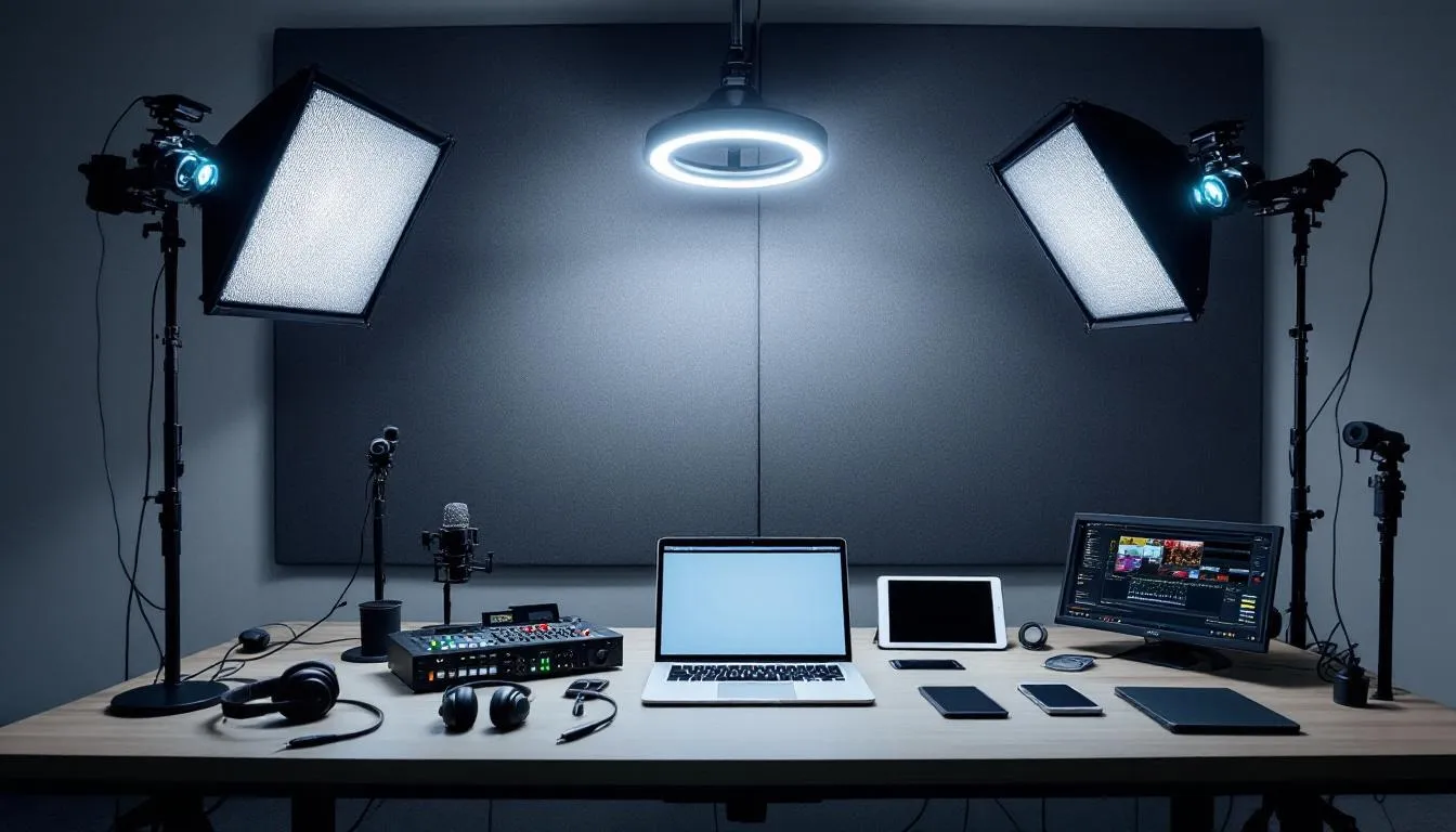 A professional webinar studio setup featuring multiple cameras, advanced lighting, and essential production equipment, designed to ensure high-quality video and audience engagement during live events. This setup exemplifies the best practices in professional webinar production services, aimed at creating successful webinars that drive conversions and generate leads.
