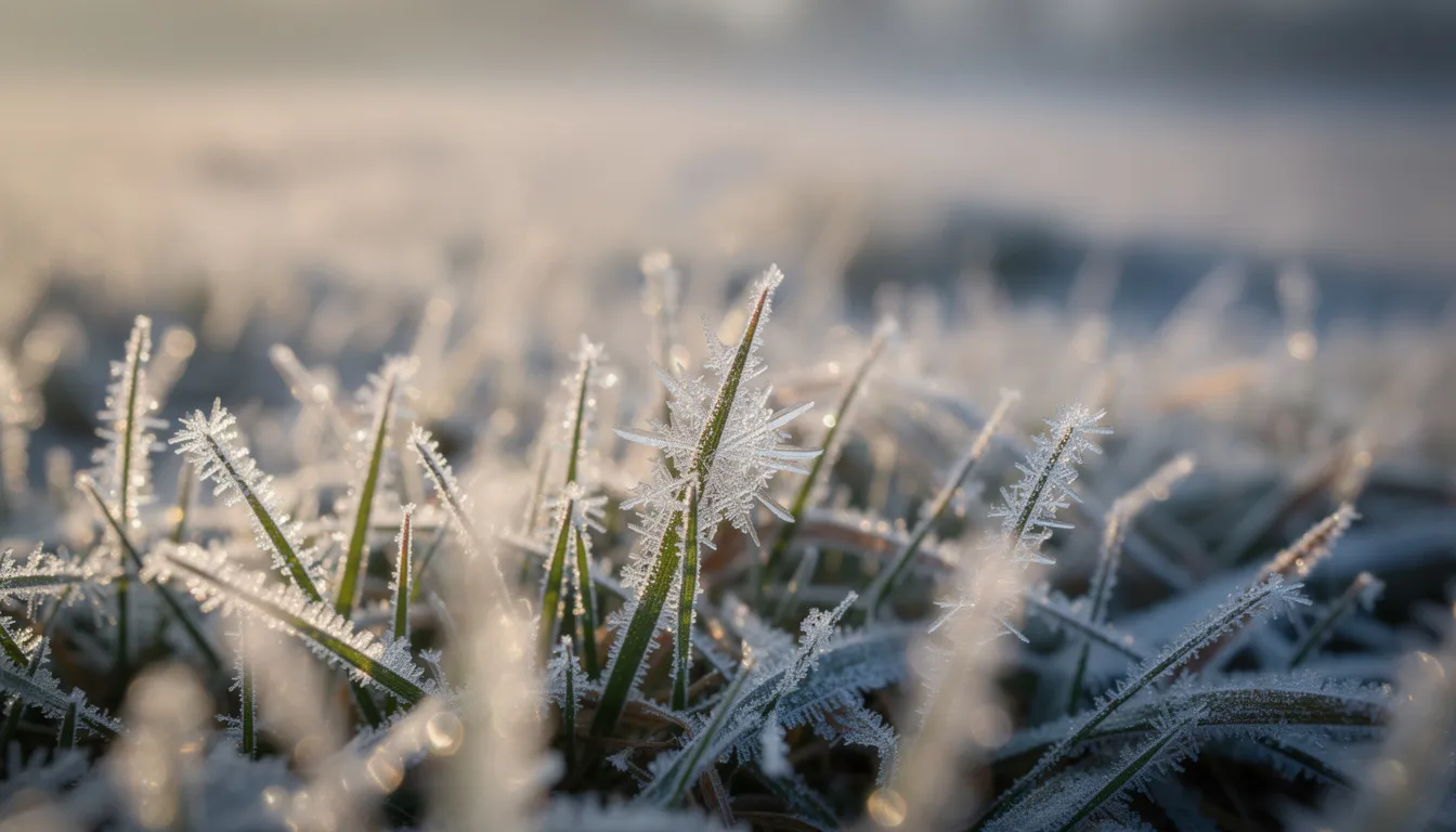 The image features a close-up view of delicate frost crystals glistening on grass blades, illuminated by the soft light of an early winter morning. This serene scene highlights the beauty of a dormant lawn during the cold weather, reminding us that even in winter, lawn care is essential for encouraging healthy growth when temperatures begin to rise.