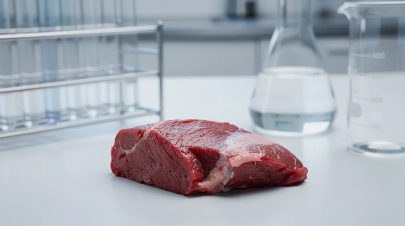 The image features a close-up view of raw red meat alongside laboratory glassware on a clean bench, suggesting a focus on the study of dietary supplements like creatine. This setting highlights the intersection of modern sports nutrition and the role of creatine in enhancing muscle mass and physical performance.