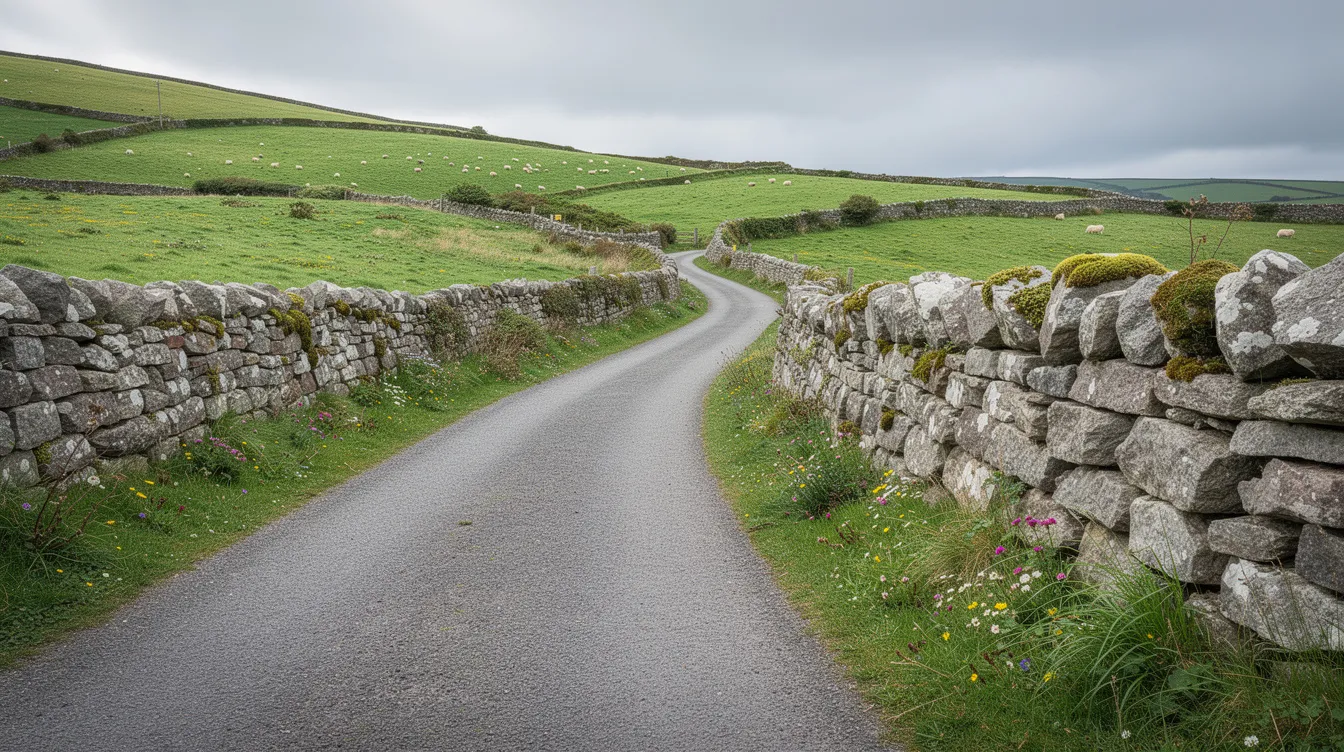 The image depicts a winding road traversing the lush green countryside of Ireland, flanked by traditional stone walls that highlight the serene landscape. This picturesque scene captures the essence of rural Ireland, inviting visitors to explore and enjoy the beauty of the region.