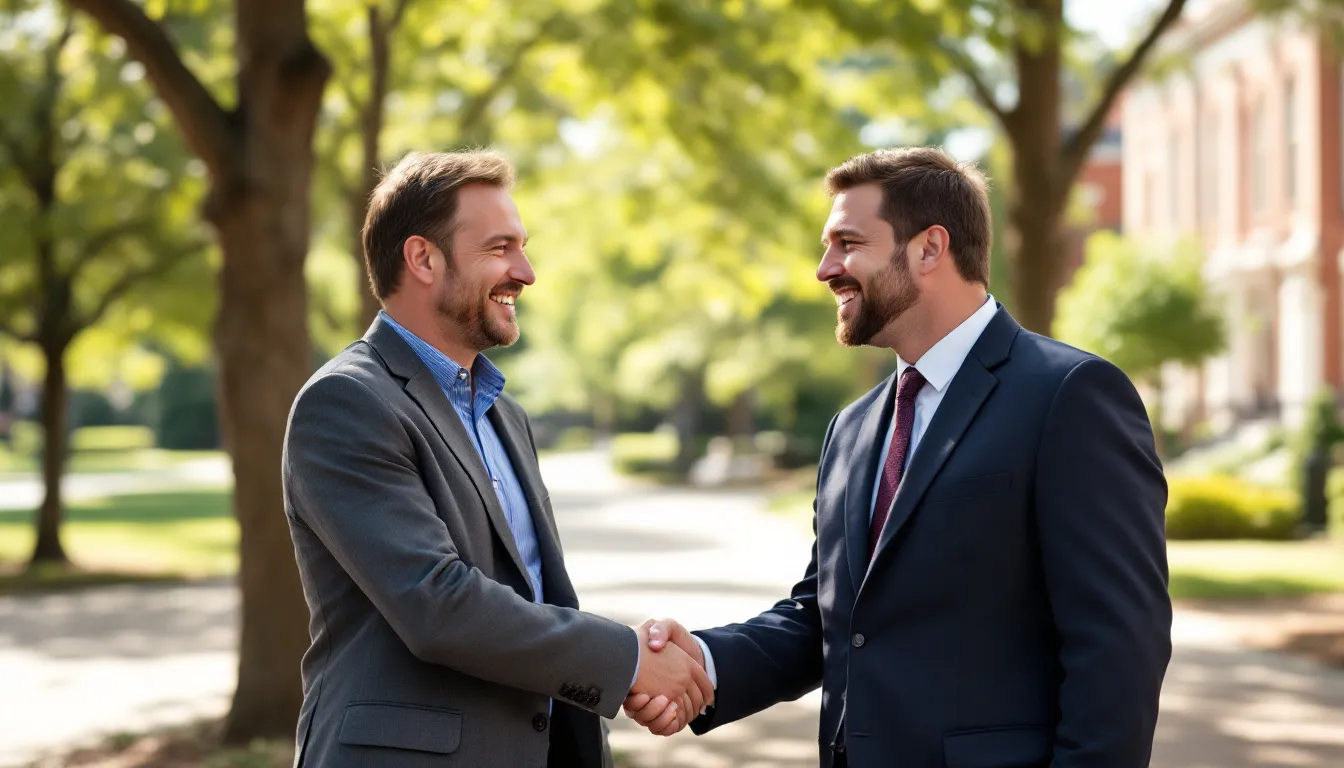 In a scenic setting in Durham, North Carolina, a client shakes hands with an experienced criminal lawyer who has successfully won a significant case, likely involving misdemeanor larceny or felony larceny charges. The handshake symbolizes the positive outcome of their legal battle, reflecting the attorney's extensive experience in navigating NC criminal laws.
