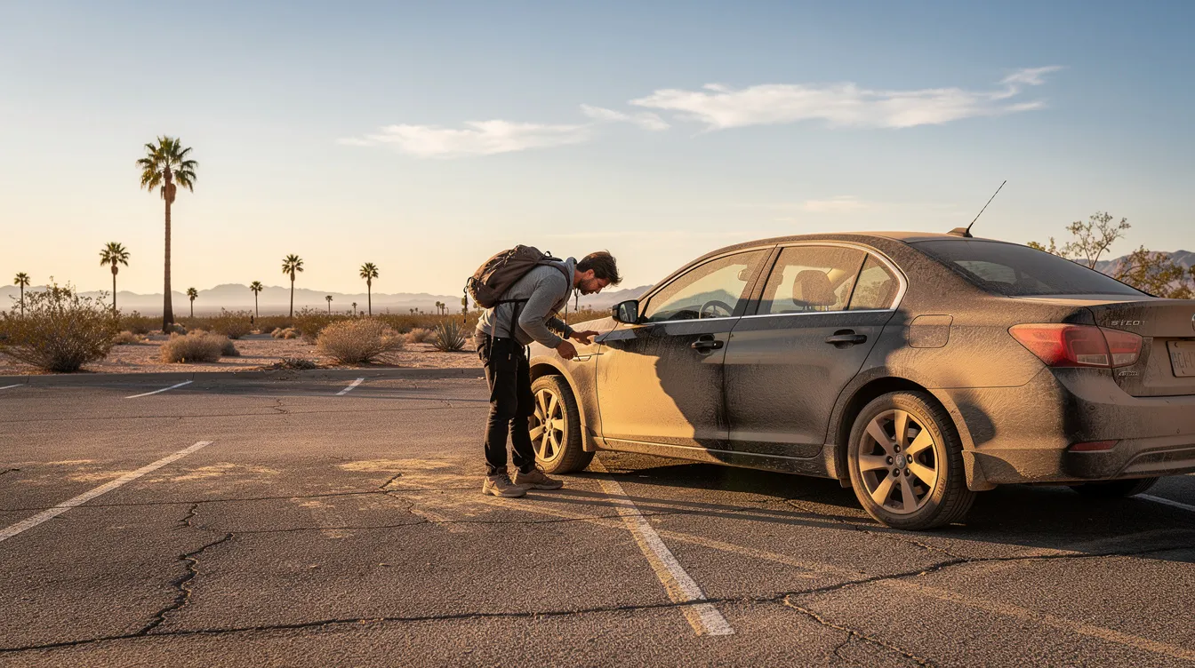 A traveller inspecting a rental car in a desert parking area lined with palm trees.
