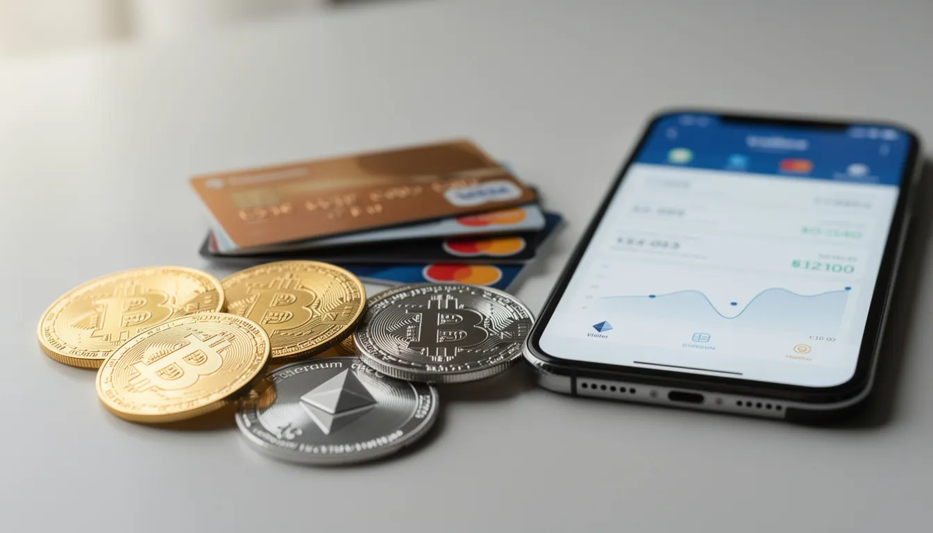 La imagen muestra monedas de criptomonedas Bitcoin y Ethereum junto a tarjetas de crédito y un smartphone que exhibe una billetera digital, simbolizando las modernas opciones de pago en las apuestas online. Este conjunto refleja la creciente integración de las criptomonedas en plataformas de apuestas extranjeras y sitios de apuestas internacionales.
