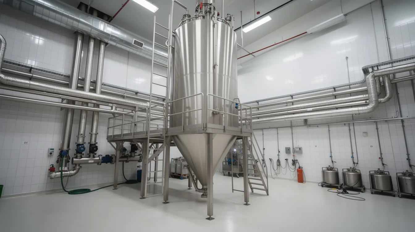 40efebb9 293b 43f8 a0b8 33f49a914e9f The image depicts a large industrial spray drying tower within a dairy processing facility, featuring extensive metal piping. This setup is crucial for the production of whey protein concentrate and whey powder, essential components in the whey protein industry and various dietary supplements.
