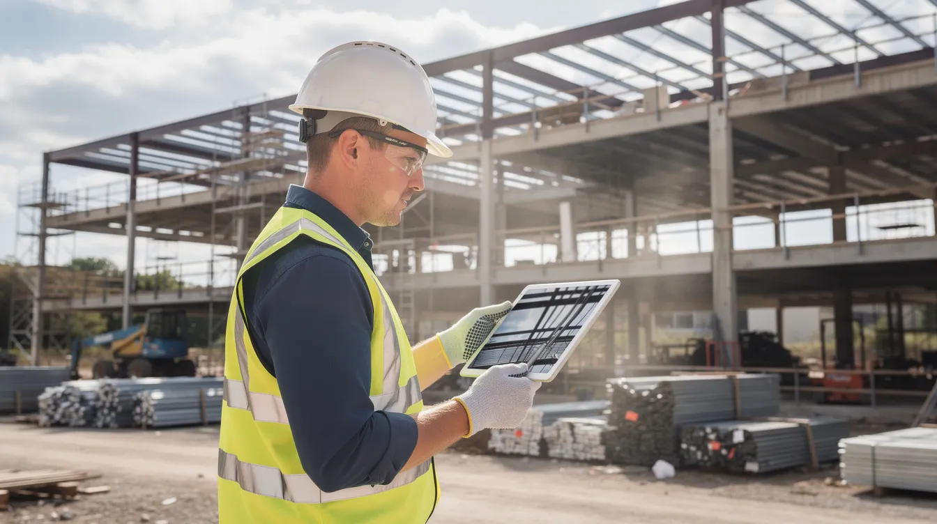 A construction professional is intently using a tablet on a commercial building site, with steel framing visible in the background, highlighting the integration of technology in the construction industry. This scene reflects the importance of skilled workers and on-the-job training in meeting the growing demand for construction projects.