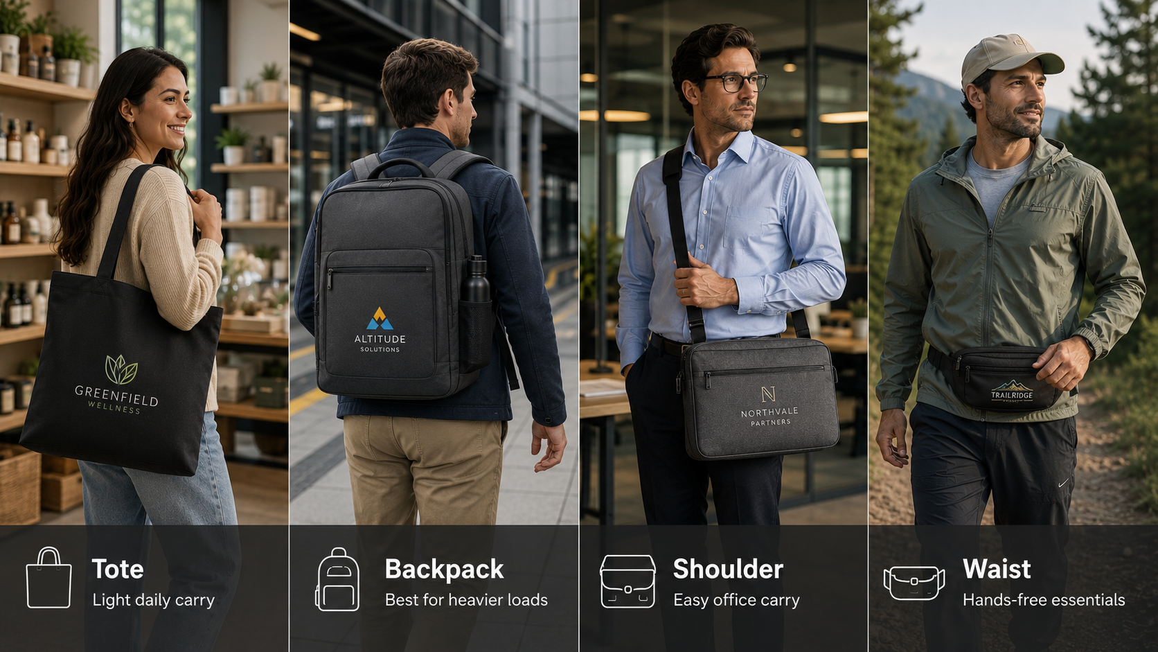 Tote bag, backpack, shoulder bag, and waist bag showing different carrying methods for daily use