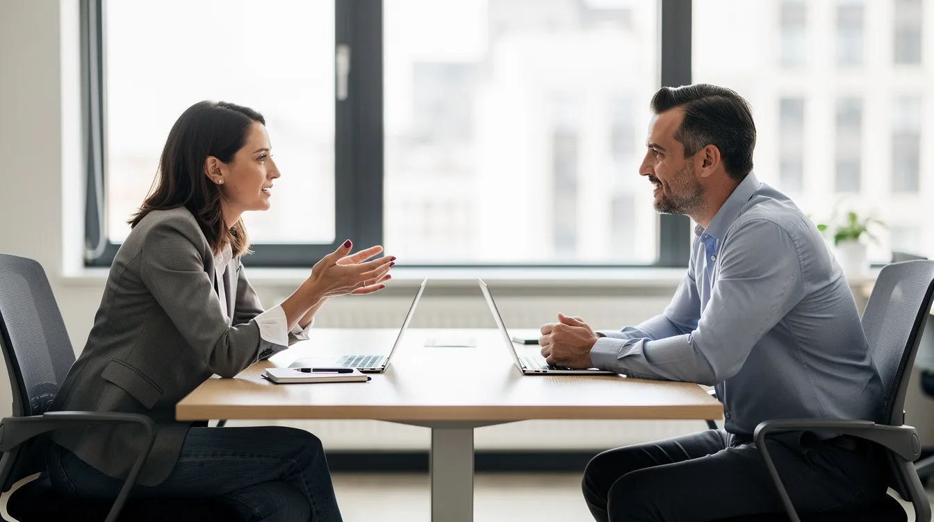 L'image montre un manager assis face à un collaborateur dans un bureau lumineux, adoptant une posture d'écoute attentive. Cette scène illustre l'importance de la communication et de la gestion des conflits au sein de l'équipe, favorisant ainsi la cohésion et la productivité au travail.