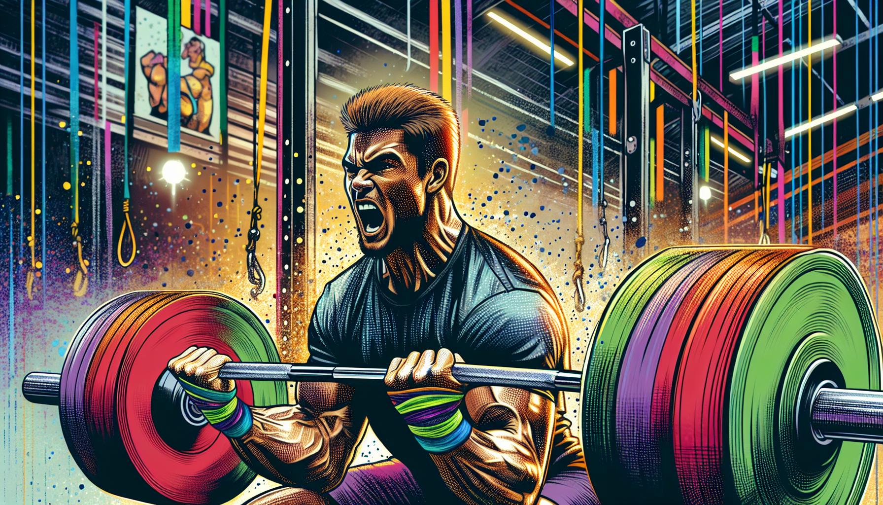 A cartoon depicting a weightlifter demonstrating grip strength while using wrist wraps.