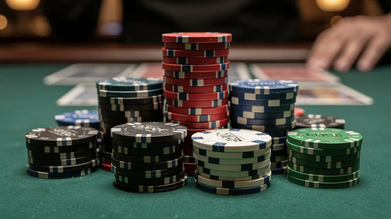 The image features stacks of poker chips of varying heights arranged on a casino table, representing the excitement of a big O poker game. These colorful chips signify the potential for high-stakes betting and strategic gameplay in a vibrant casino setting.