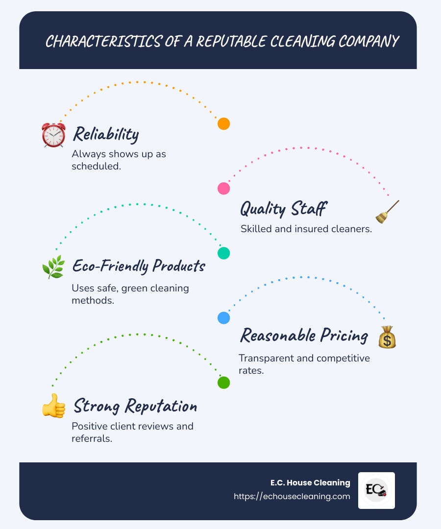 Infographic showing characteristics of a reputable cleaning company: reliability, quality staff, eco-friendly products, reasonable pricing, strong reputation - reputable cleaning company in Massachusetts infographic infographic-line-5-steps-blues-accent_colors - house cleaning services