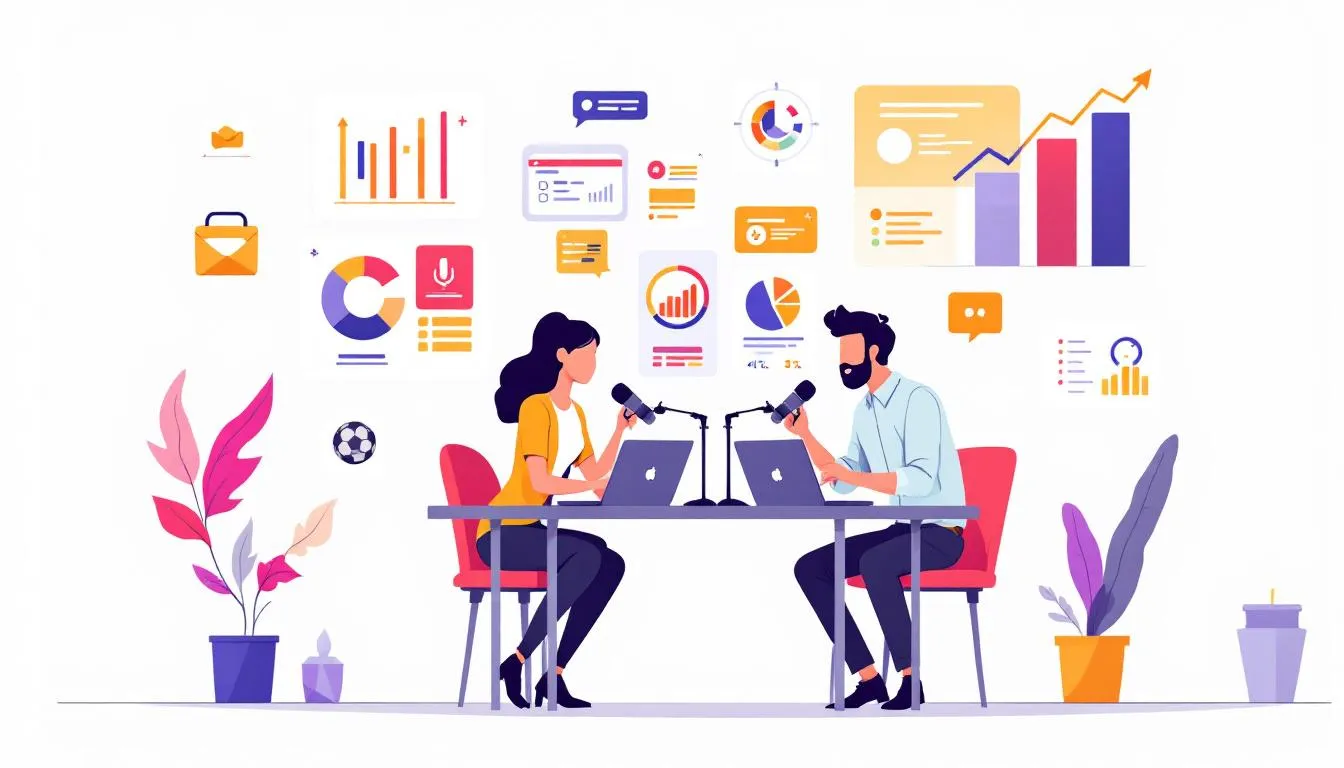 Podcasters collaborating at an event to cross-promote their shows.