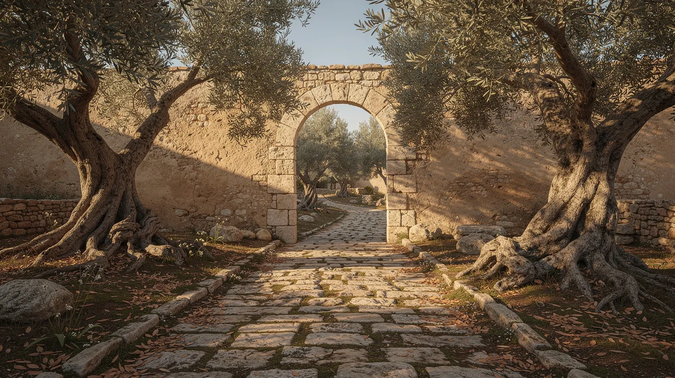 The image depicts an ancient stone pathway that leads through a narrow gate, flanked by lush olive trees on both sides, symbolizing a journey towards spiritual perfection. This serene scene evokes a sense of divine completeness, reminiscent of biblical themes such as the promised land and God's creation.