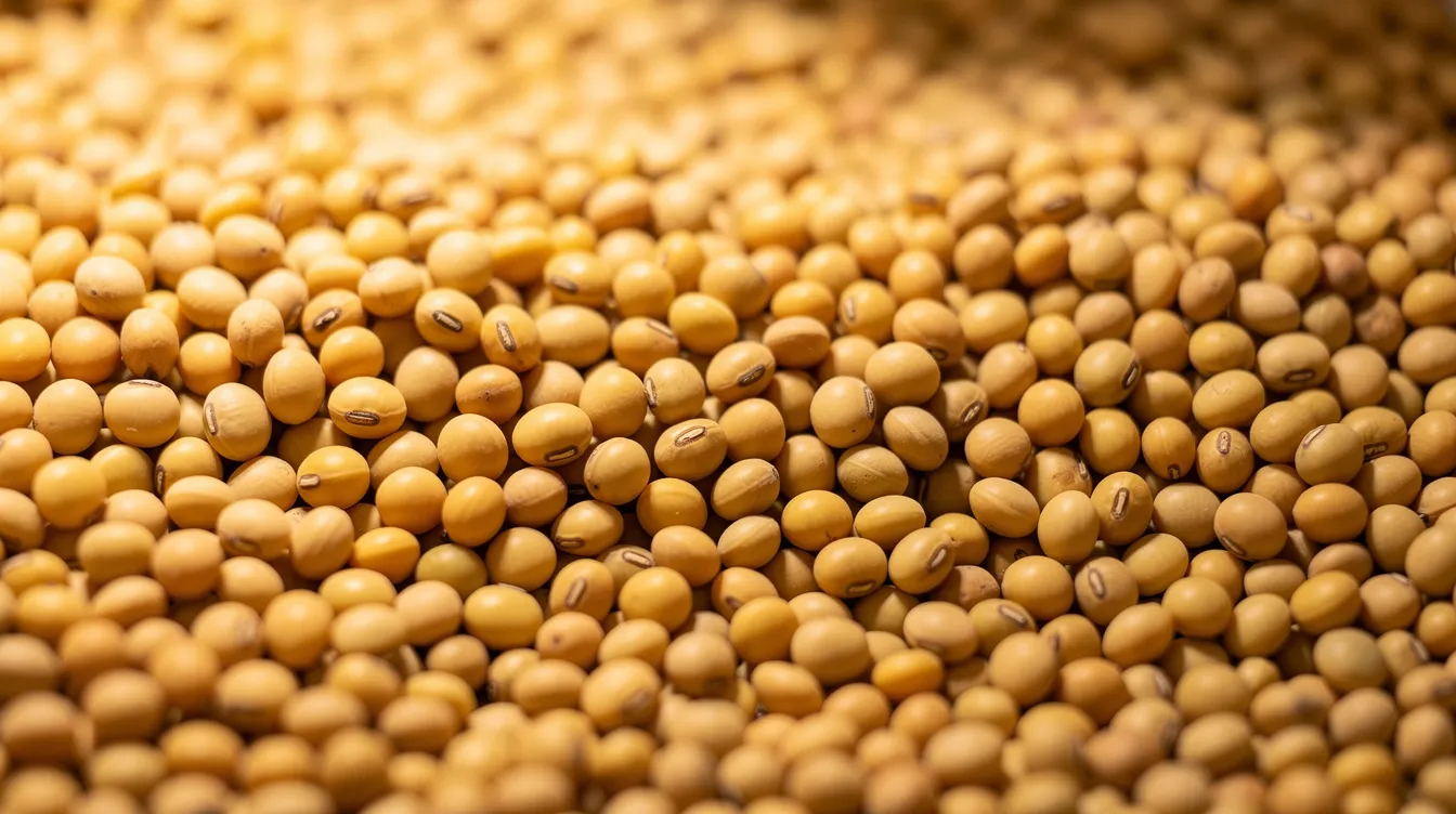 A close-up view of golden soybean seeds stored in bulk, ready for the oil extraction process. These high oil seeds are essential raw materials in the solvent extraction plant for producing soybean oil, showcasing their rich color and texture before undergoing industrial processing.