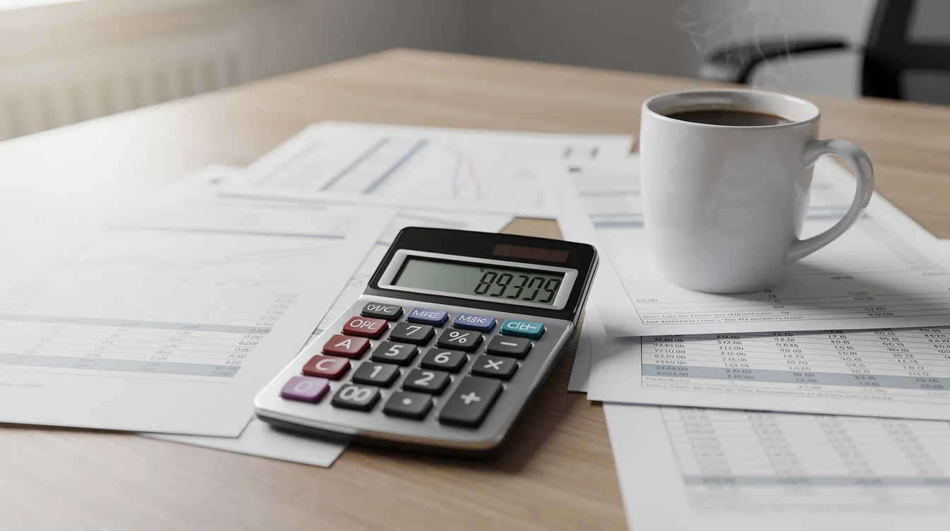 The image depicts a calculator alongside financial documents and a cup of coffee on a desk, symbolizing the careful planning and financial considerations involved in owning a franchise business. This setting reflects the daily operations and decision-making processes that prospective franchisees engage in as they explore franchise opportunities and navigate their franchising journey.