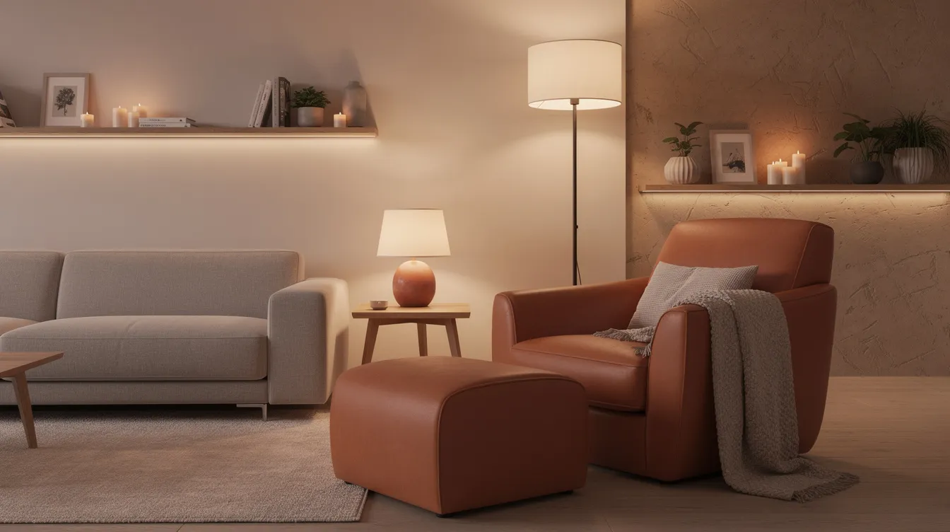 Een stijlvolle woonkamer met een comfortabele relaxfauteuil in een warme kleur, naast een bank en sfeerverlichting, biedt een uitnodigende sfeer voor ultiem zitcomfort. De verstelbare rugleuning en hoofdsteun van de relaxfauteuil maken het de perfecte plek om te ontspannen.