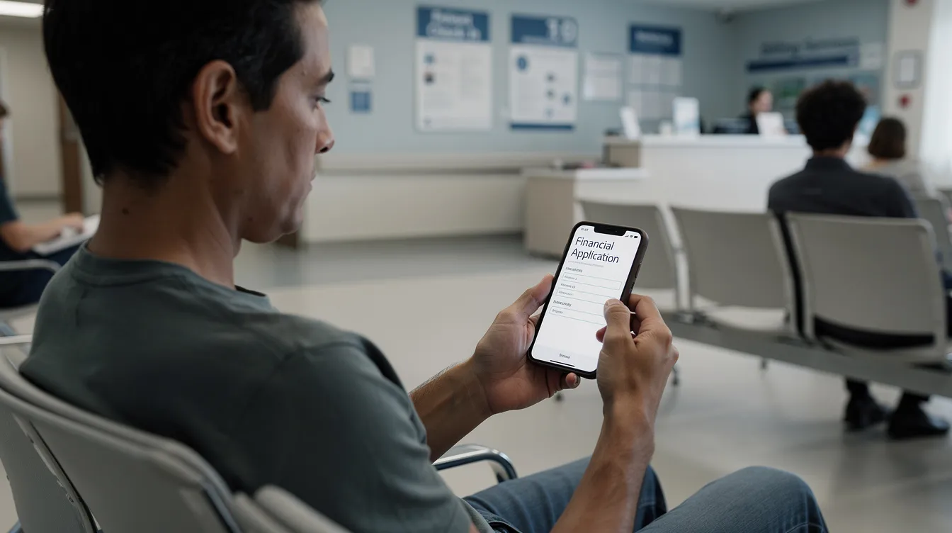 A person is sitting in a hospital waiting area, using a smartphone to fill out a financial application form, possibly for a private loan or an instant approval loan. The setting suggests a focus on convenience and accessibility in managing financial needs while waiting.