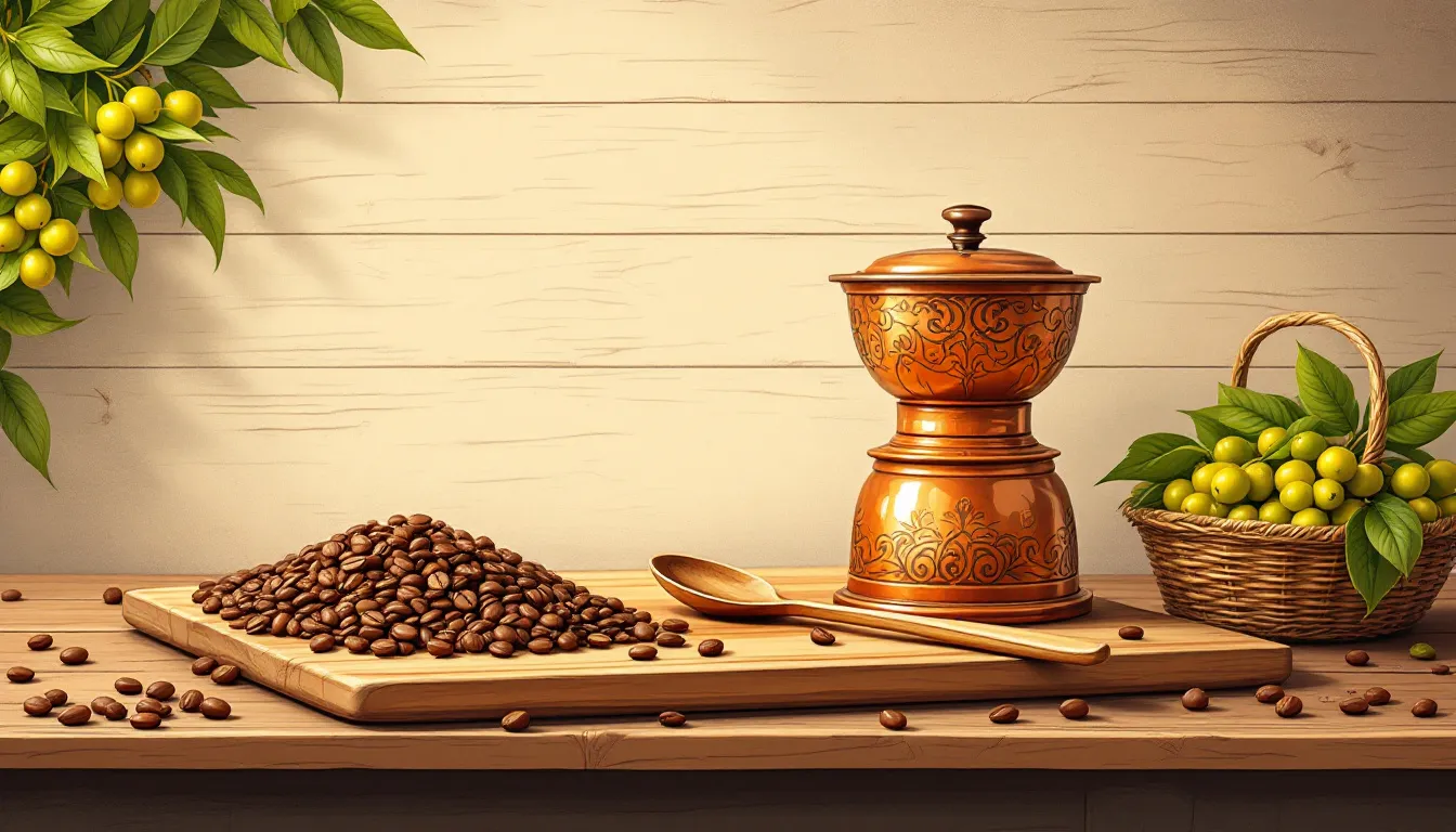 Coffee beans and brewing equipment on a countertop.