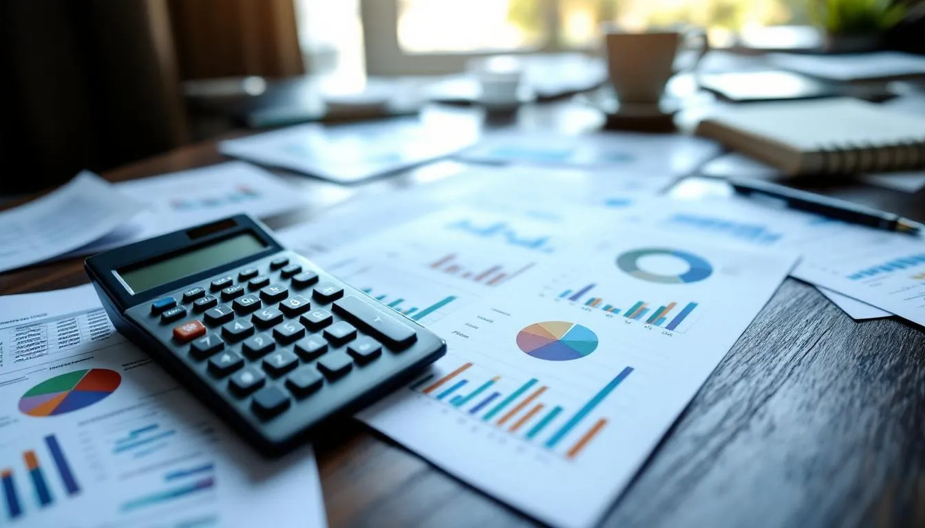 A calculator and various financial documents are spread across a desk, featuring charts and graphs that illustrate key metrics related to a leveraged buyout (LBO) model, including cash flows, net debt, and the target company's capital structure. This setup reflects the analytical work often performed by private equity firms to assess investment opportunities and financial performance.