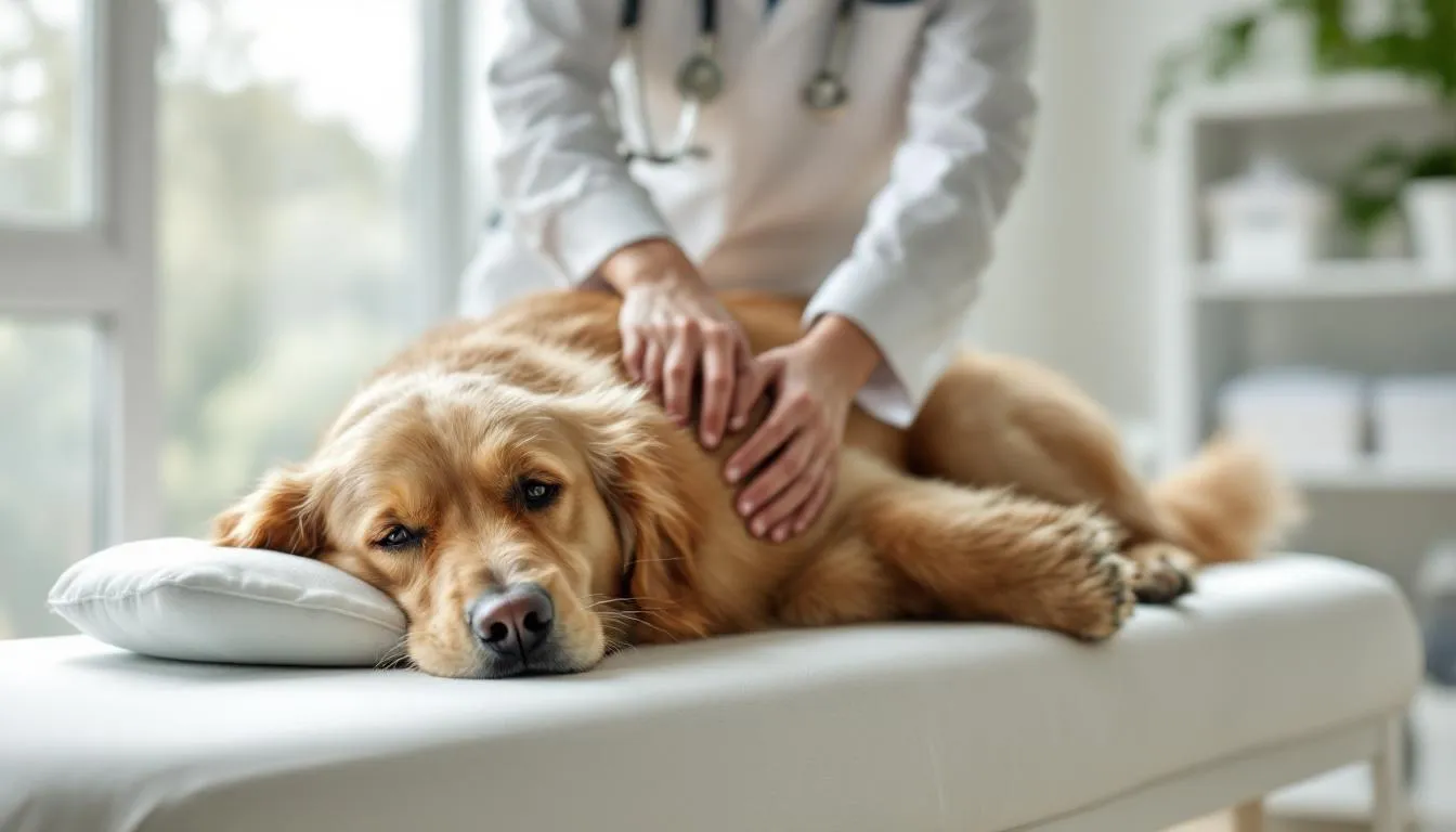 A trained professional is gently administering physical therapy to a dog, focusing on relieving pain and improving mobility. The session aims to manage the dog