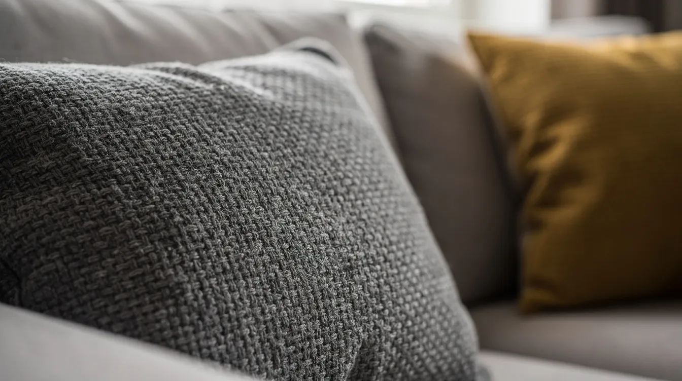 Närbild av en grå soffkudde med en strukturväv, där en dekorativ kudde i senapsgul ligger bredvid. Denna kombination av färger och material ger en bekväm och stilren känsla som passar perfekt i vardagsrummet.